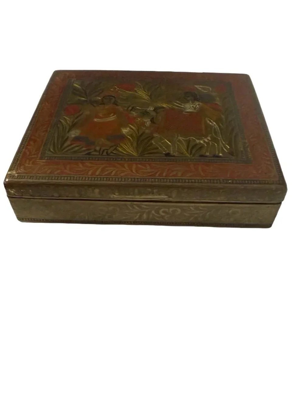 Vintage Hand Carved Brass Clad Wood Trinket Box Figural Decorative Jewelry Box
